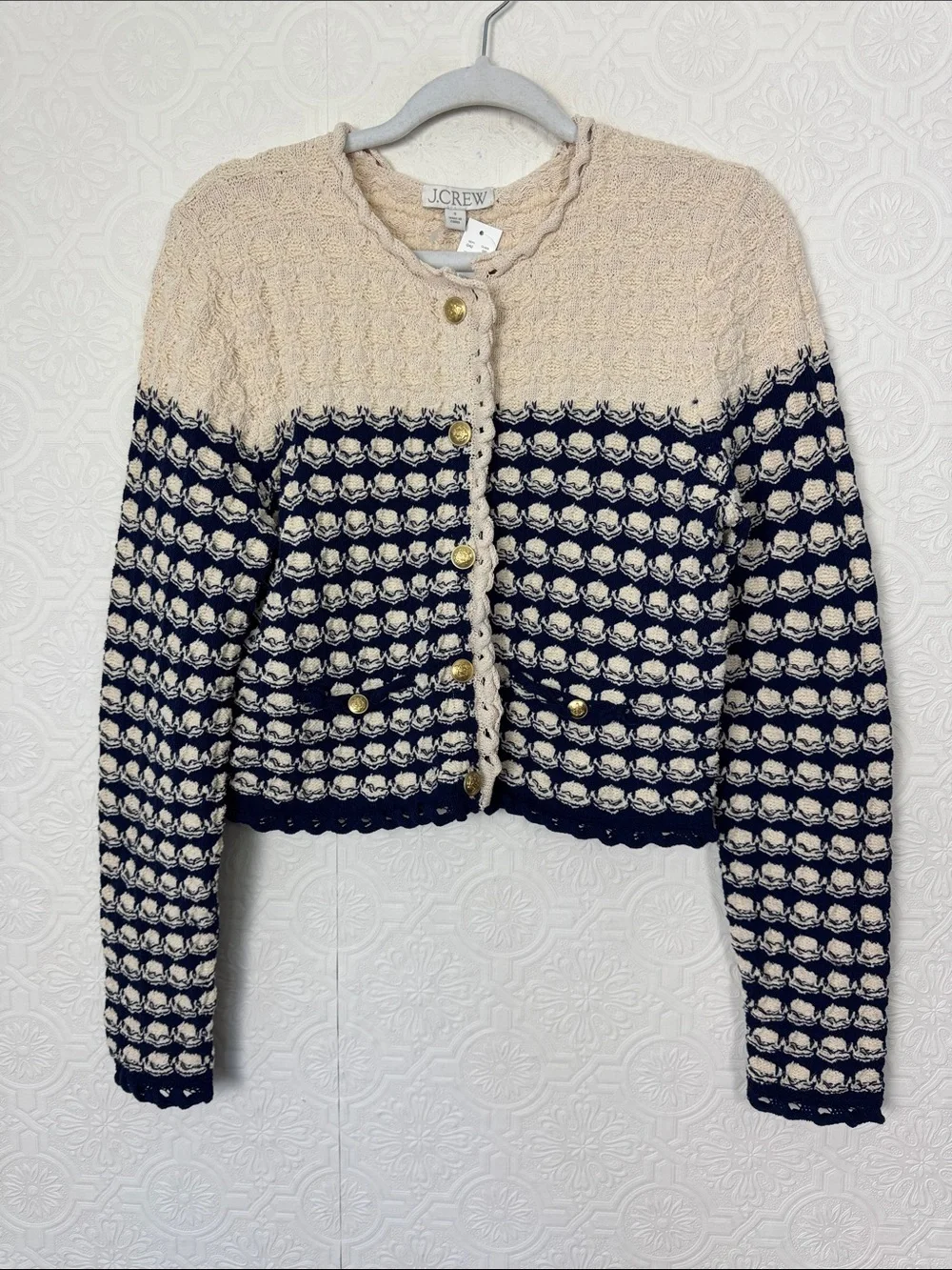 NWT J.Crew Textured Knit Cropped Cardigan Sweater Navy Cream‎ Gold Buttons Small